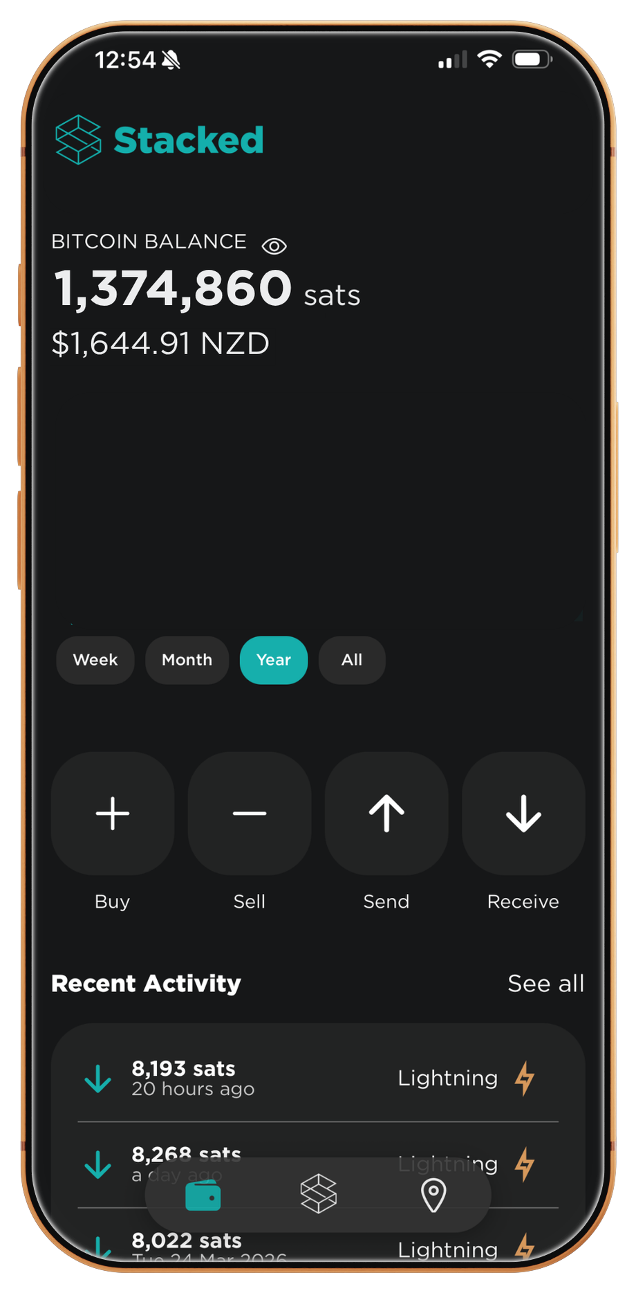 Stacked Bitcoin wallet app showing balance and transaction history