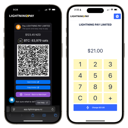 Lightning Pay merchant experience: customer payment screen with QR code and merchant POS charge keypad on two phones