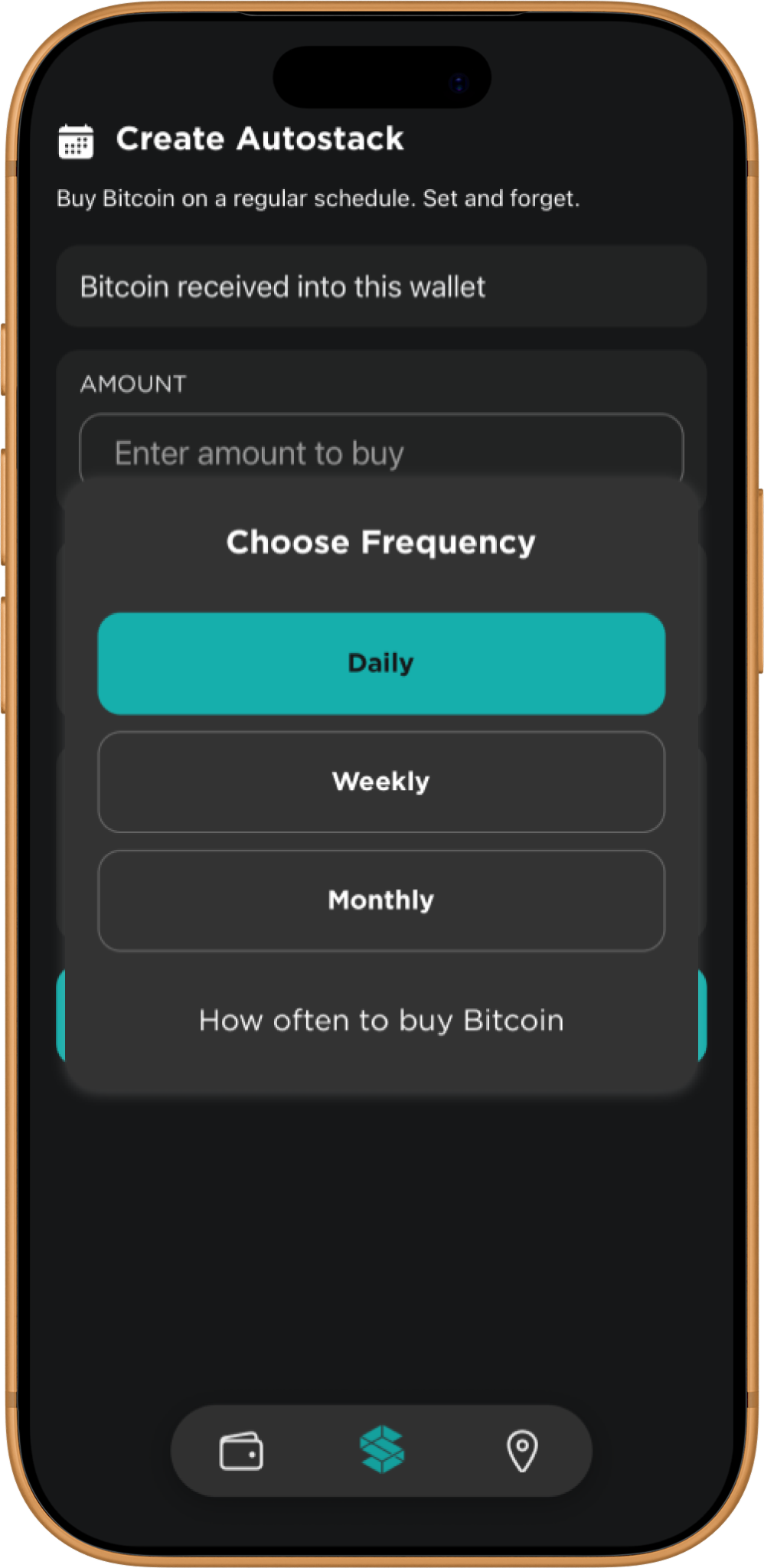 Stacked app Create Autostack screen with the frequency picker open