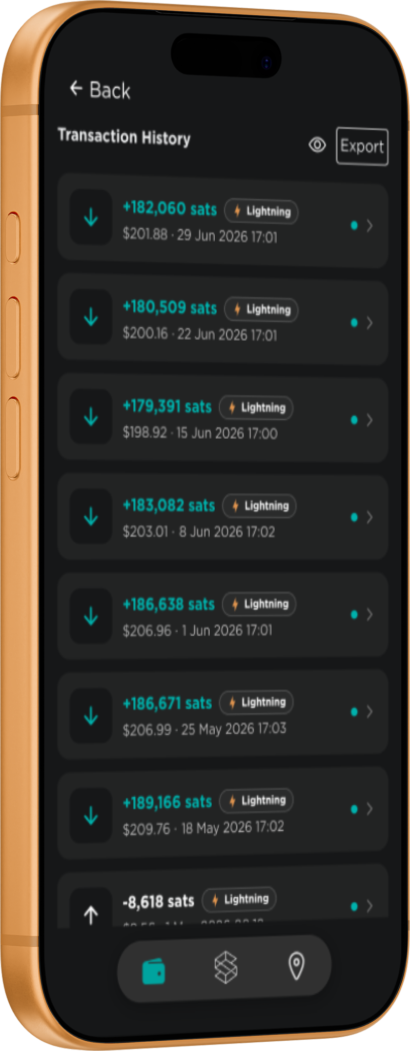 Stacked app transaction history — weekly Lightning buys arriving at different rates