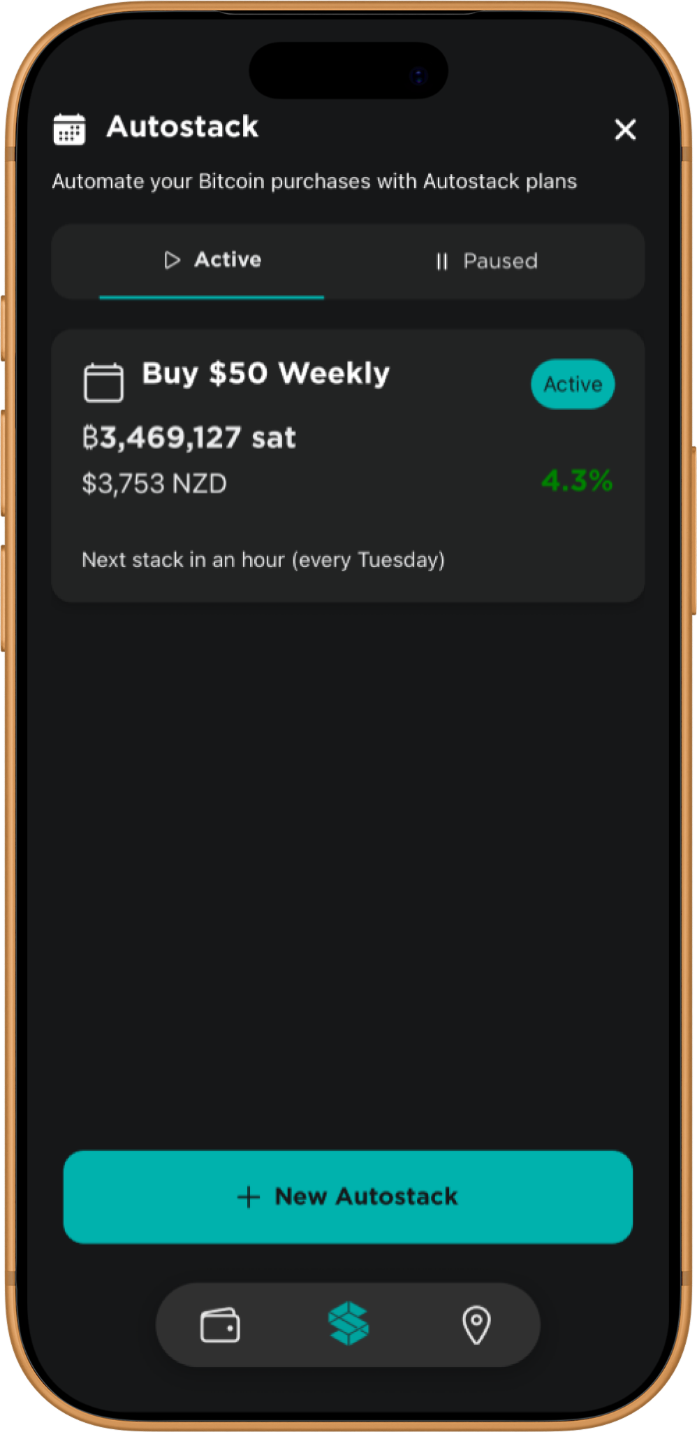 Stacked app Autostack plans — an active Buy $50 Weekly plan with the next stack scheduled