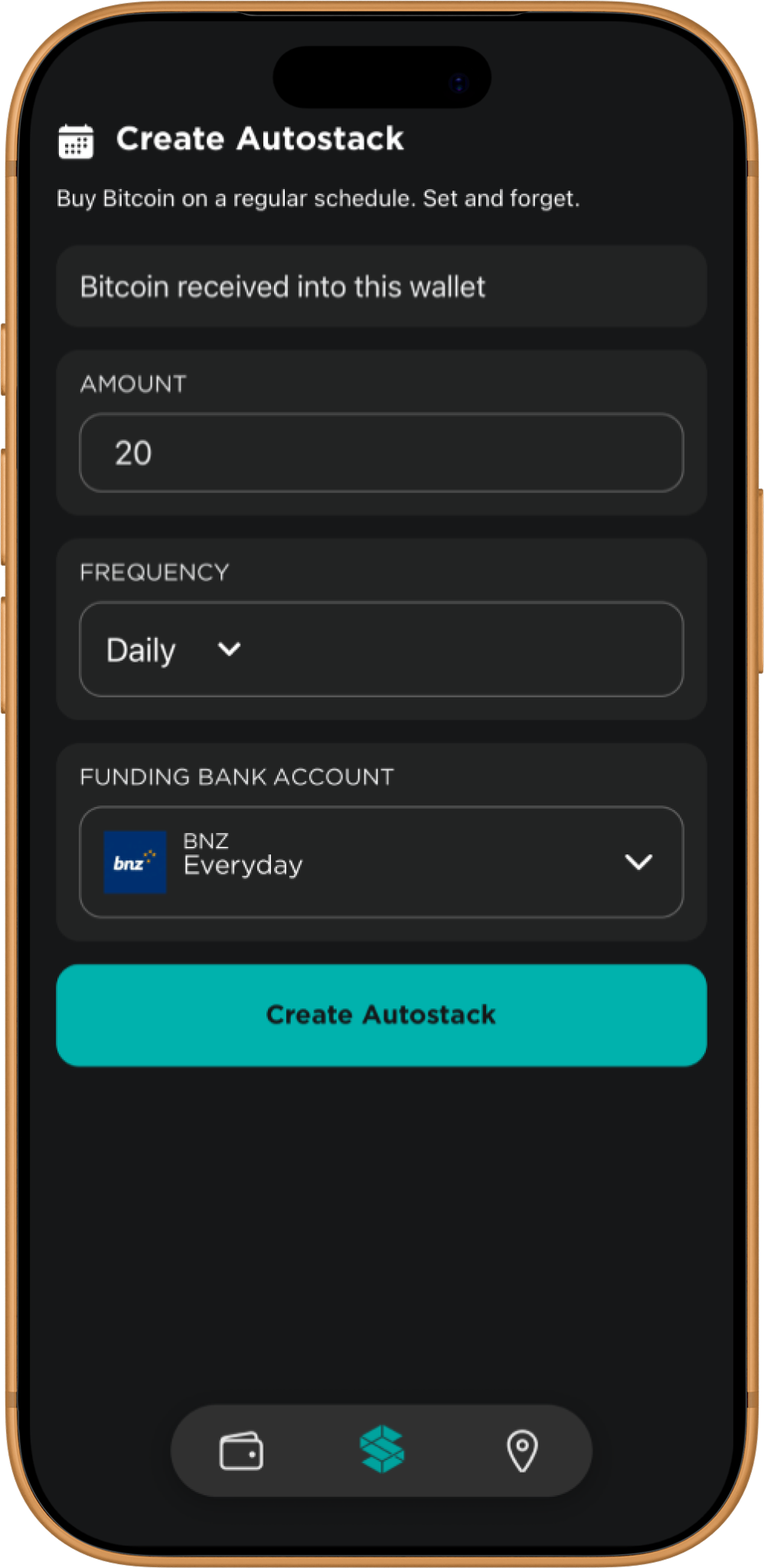 Stacked app Create Autostack screen — amount, frequency, and funding bank account