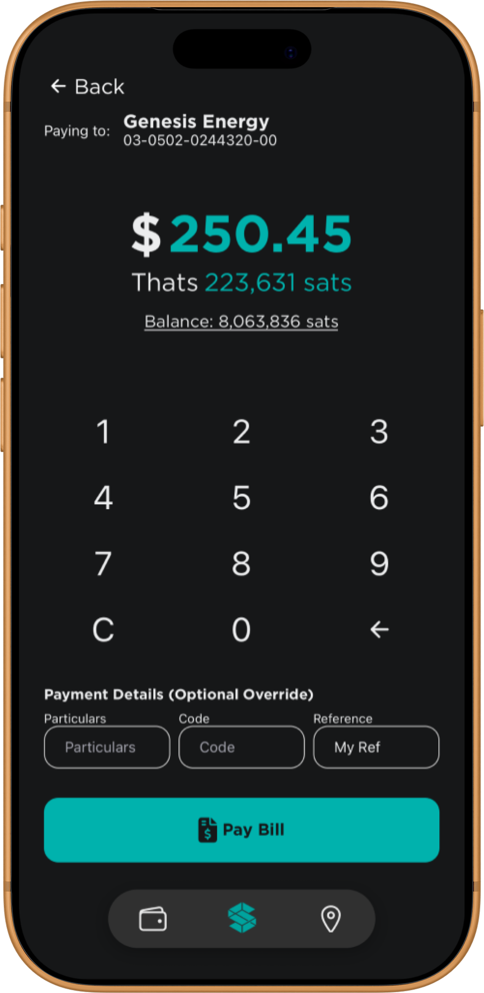 Stacked app Bill Pay — entering a $250.45 payment to Genesis Energy