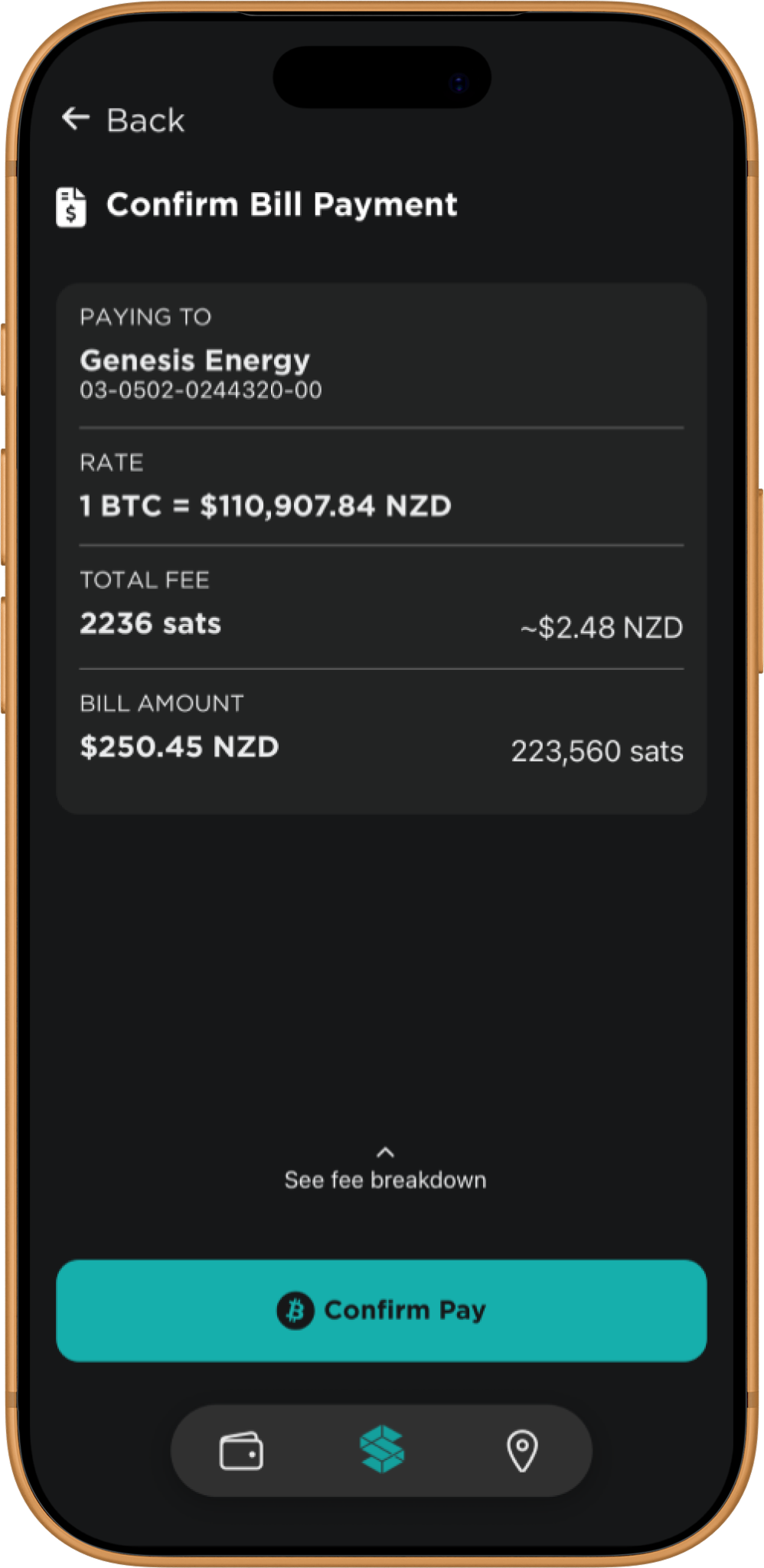 Stacked app Confirm Bill Payment — rate, total fee, and bill amount shown before paying