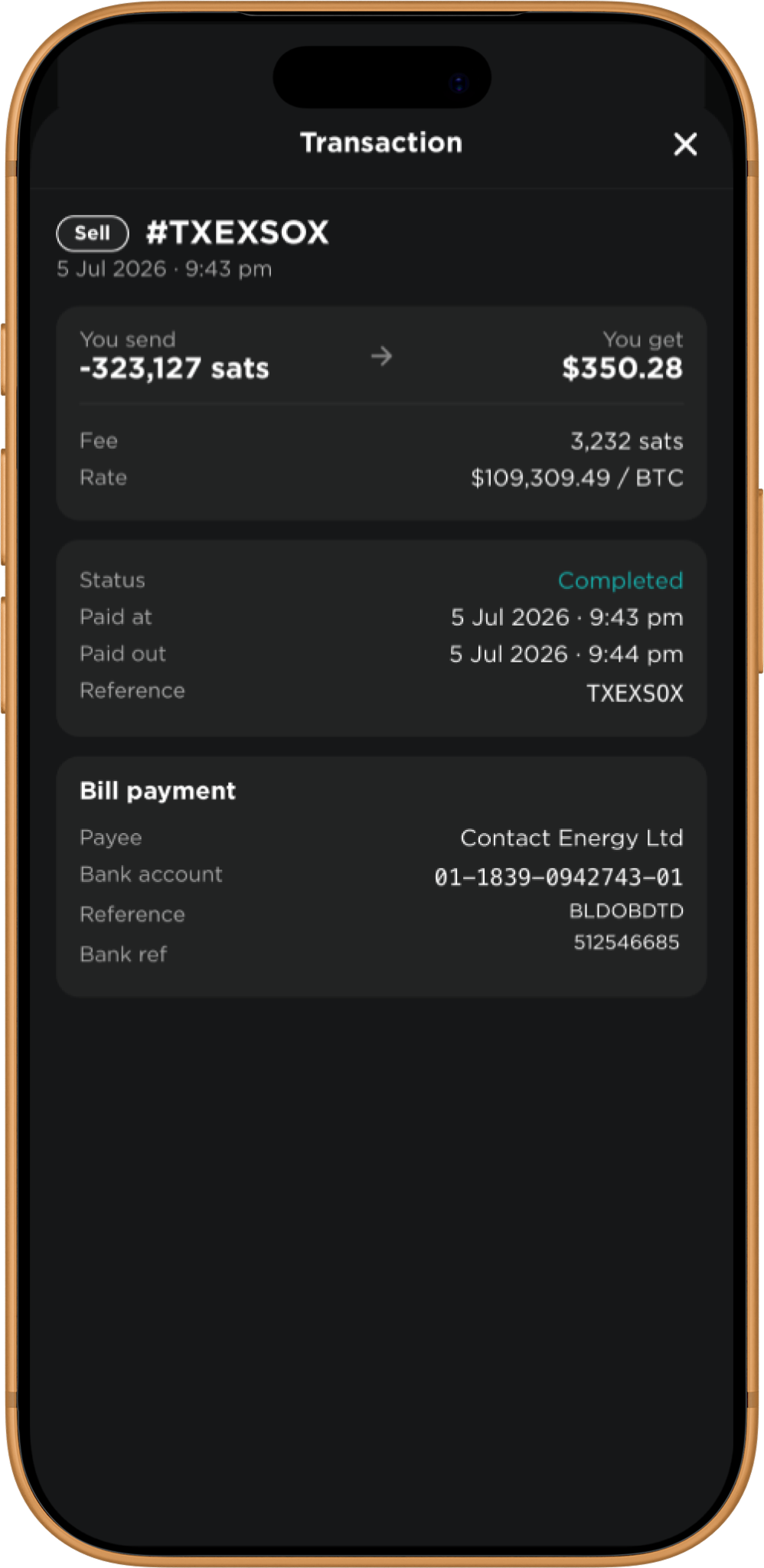 Stacked app completed bill payment — NZD paid out to the payee’s bank account with references