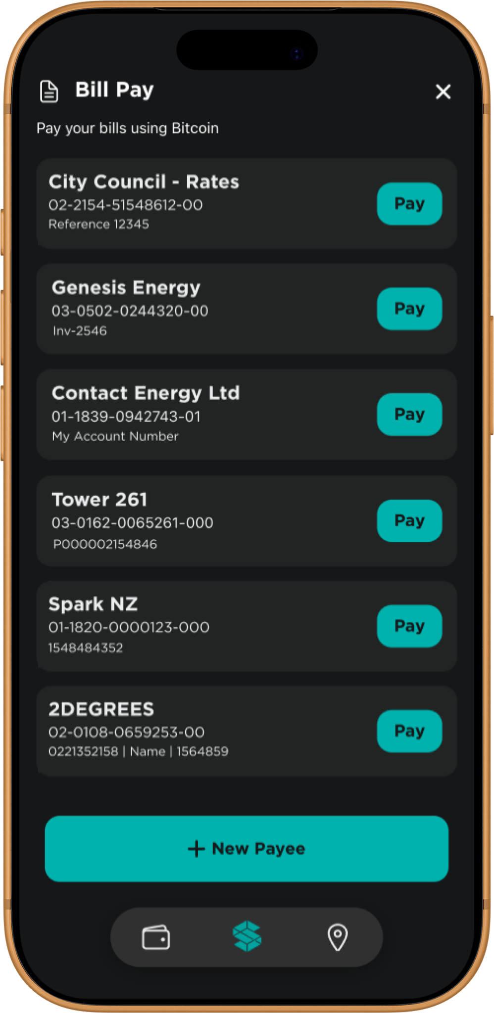 Stacked app Bill Pay payee list — council rates, power, phone, and rent payees