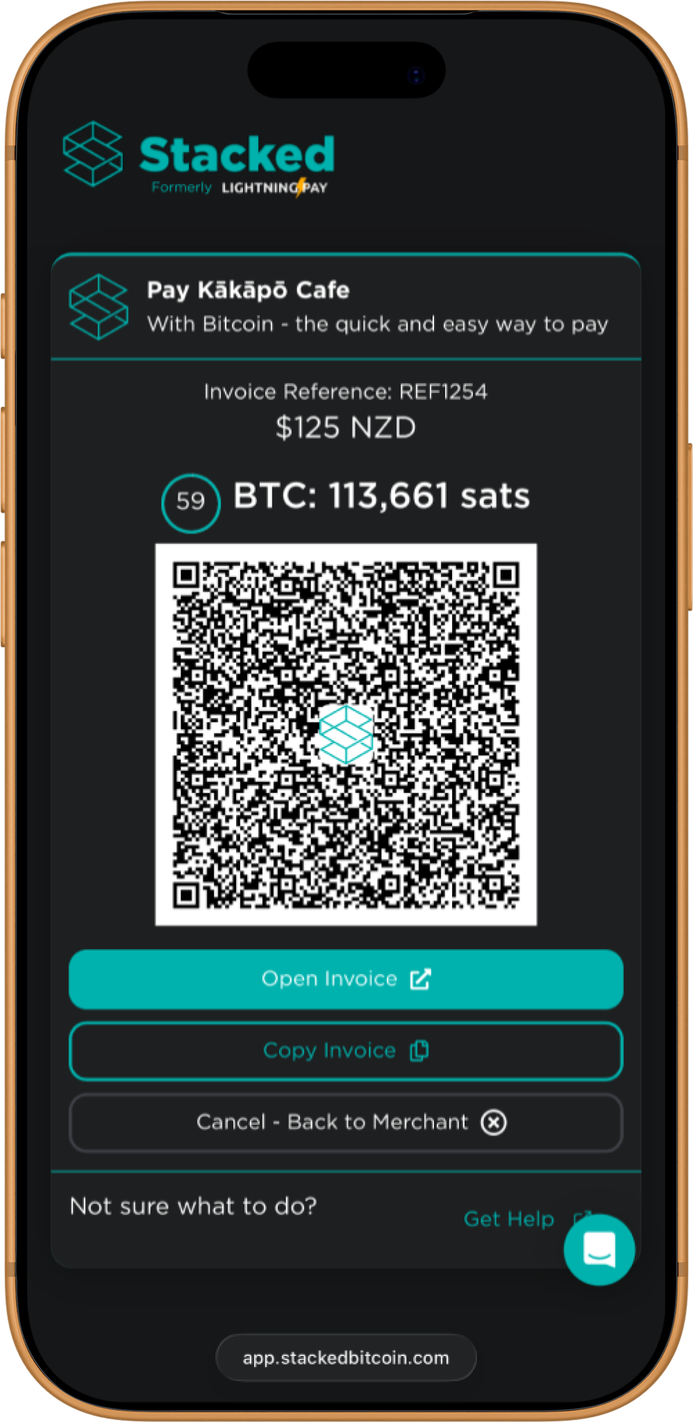 Stacked hosted payment page — Pay Kākāpō Cafe invoice for $125 NZD with a Lightning QR code