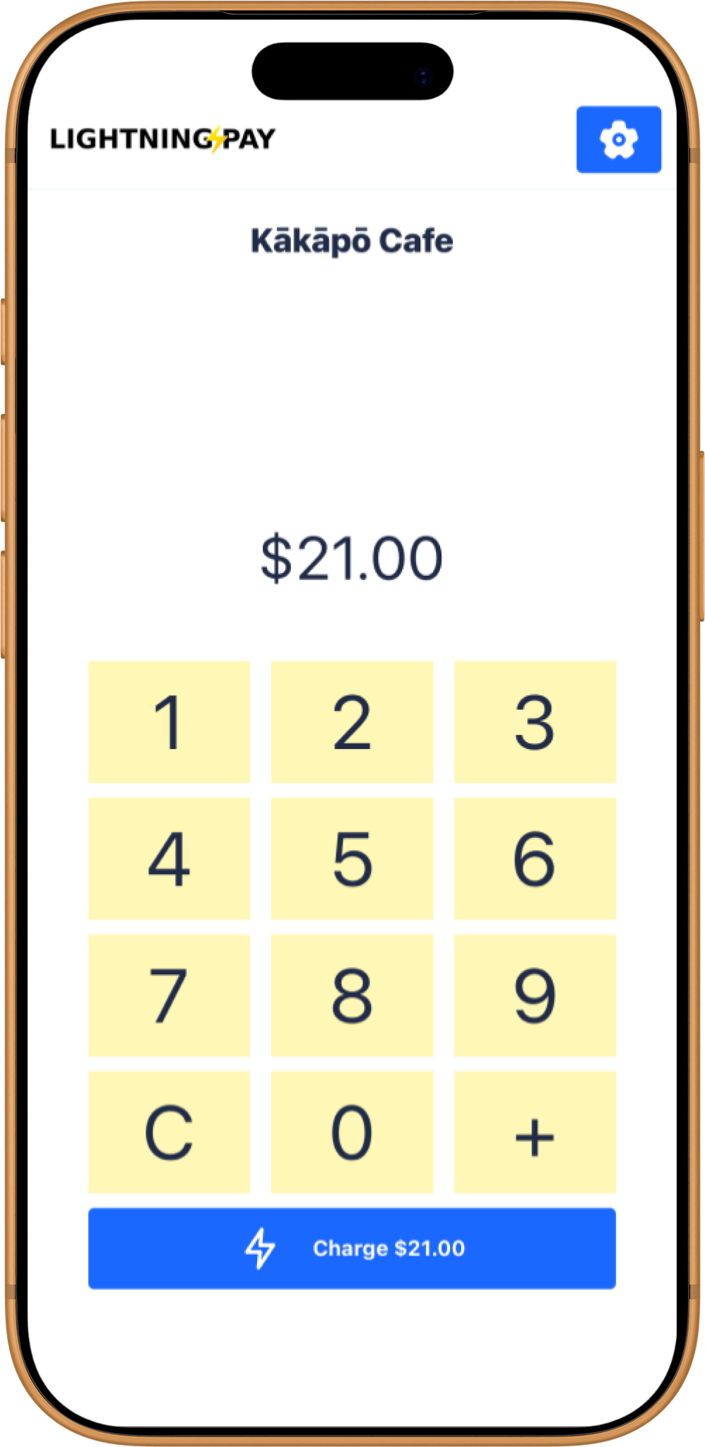 Lightning Pay POS app — charging $21.00 at Kākāpō Cafe with the merchant keypad