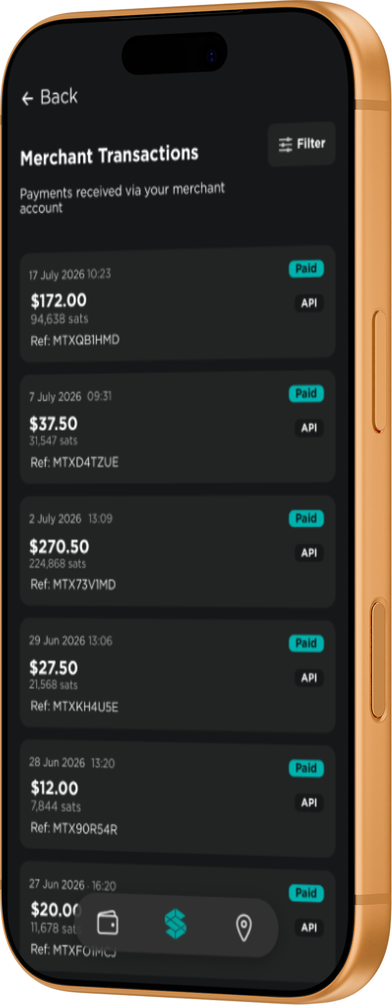 Stacked app Merchant Transactions — a list of paid customer payments in NZD and sats