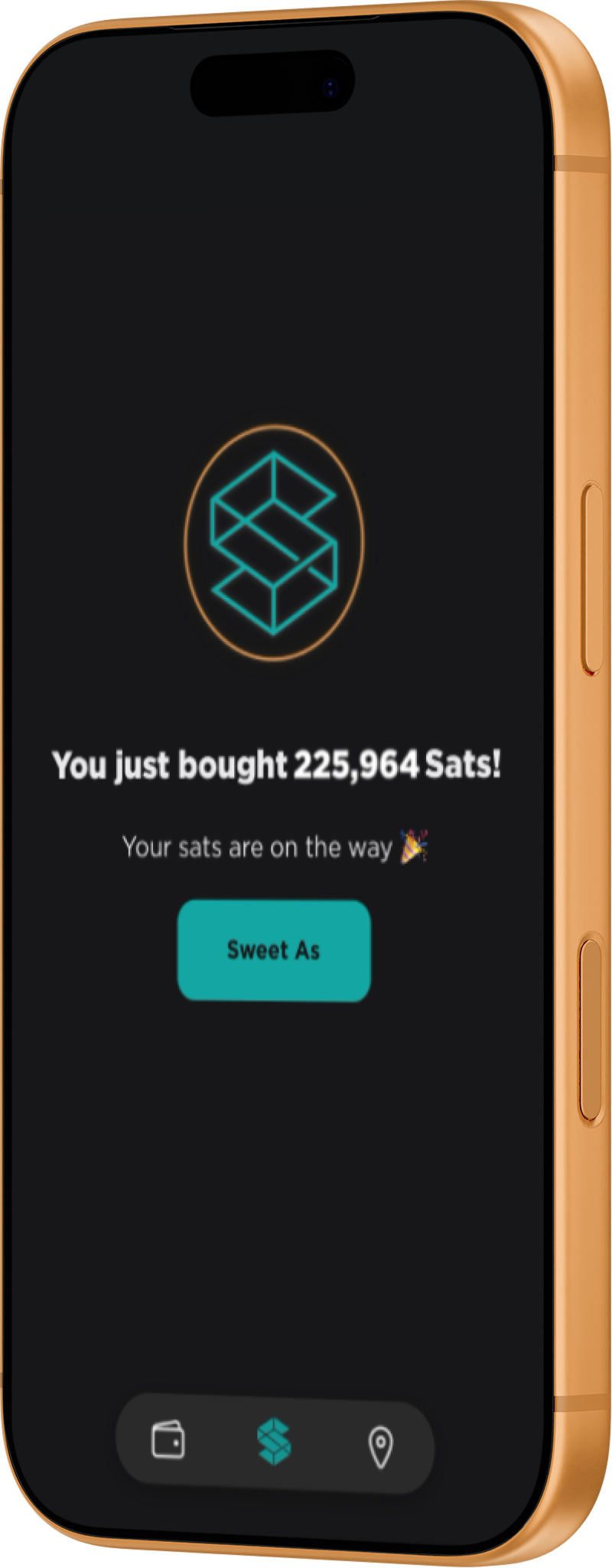 Stacked app purchase confirmation — 225,964 sats bought