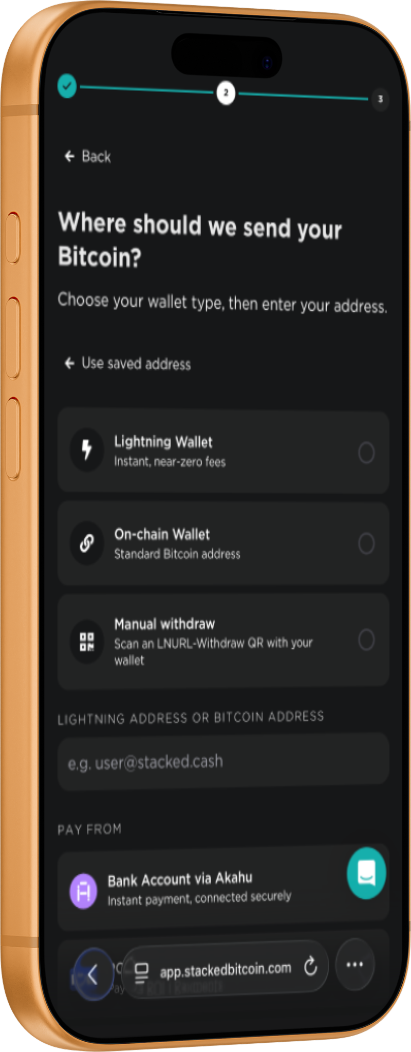 Stacked app — choosing where your bitcoin is sent: Lightning wallet, on-chain, or manual withdraw