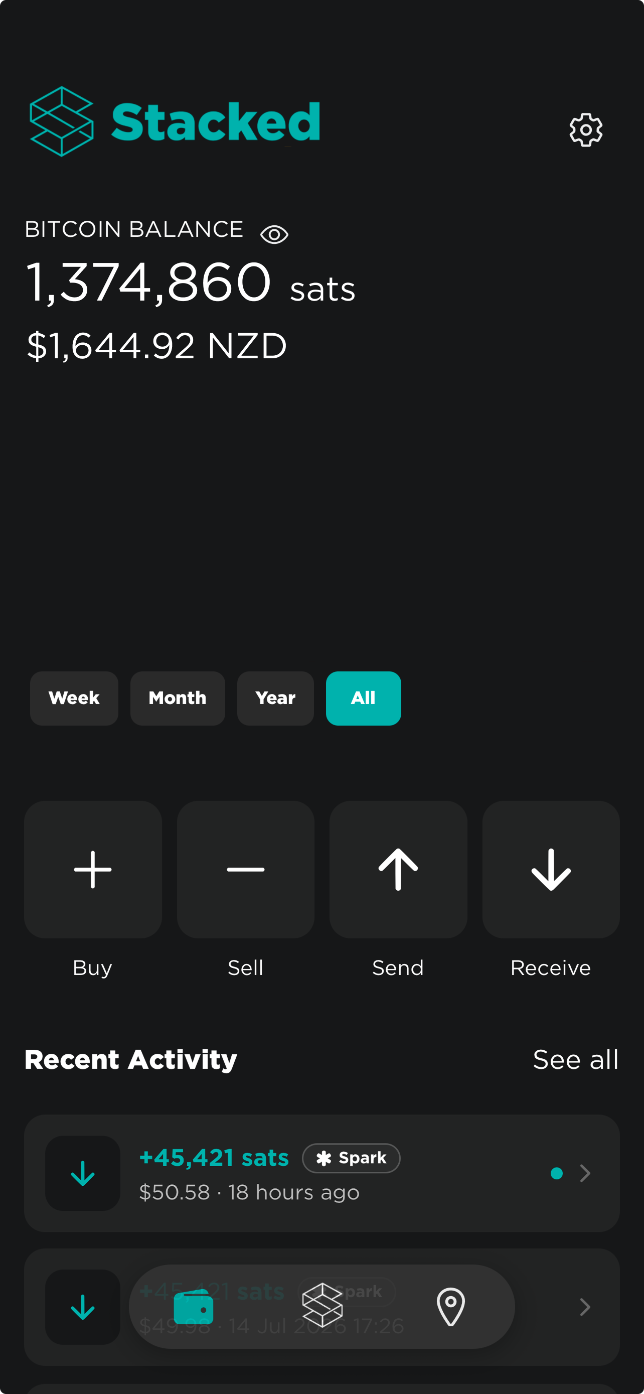 Stacked Bitcoin wallet app showing balance and growth chart