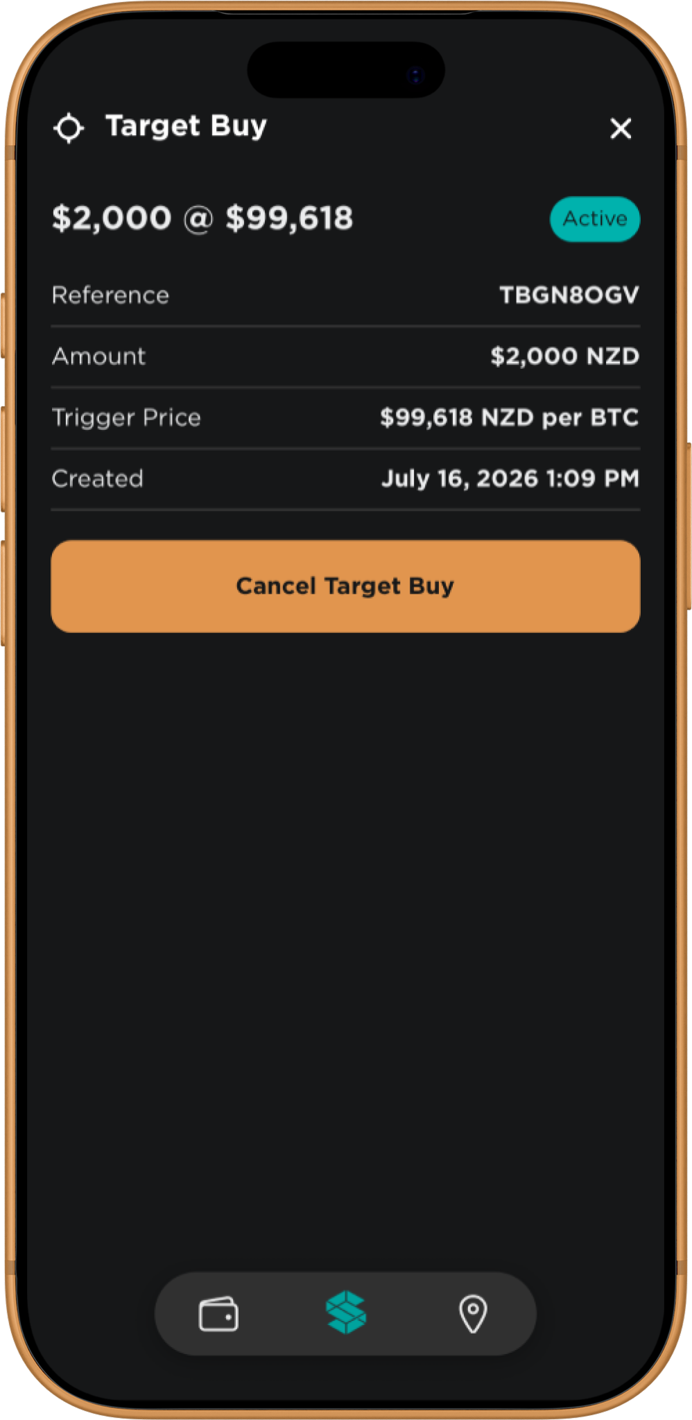 Stacked app Target Buy details — a $2,000 order with a $99,618 NZD trigger price, marked Active