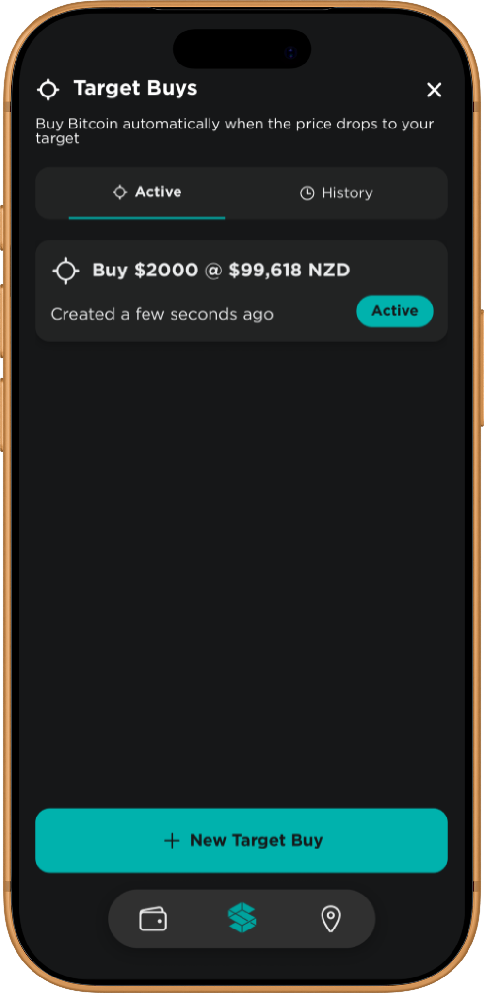 Stacked app Target Buys — an active order to buy $2,000 at $99,618 NZD, with a New Target Buy button