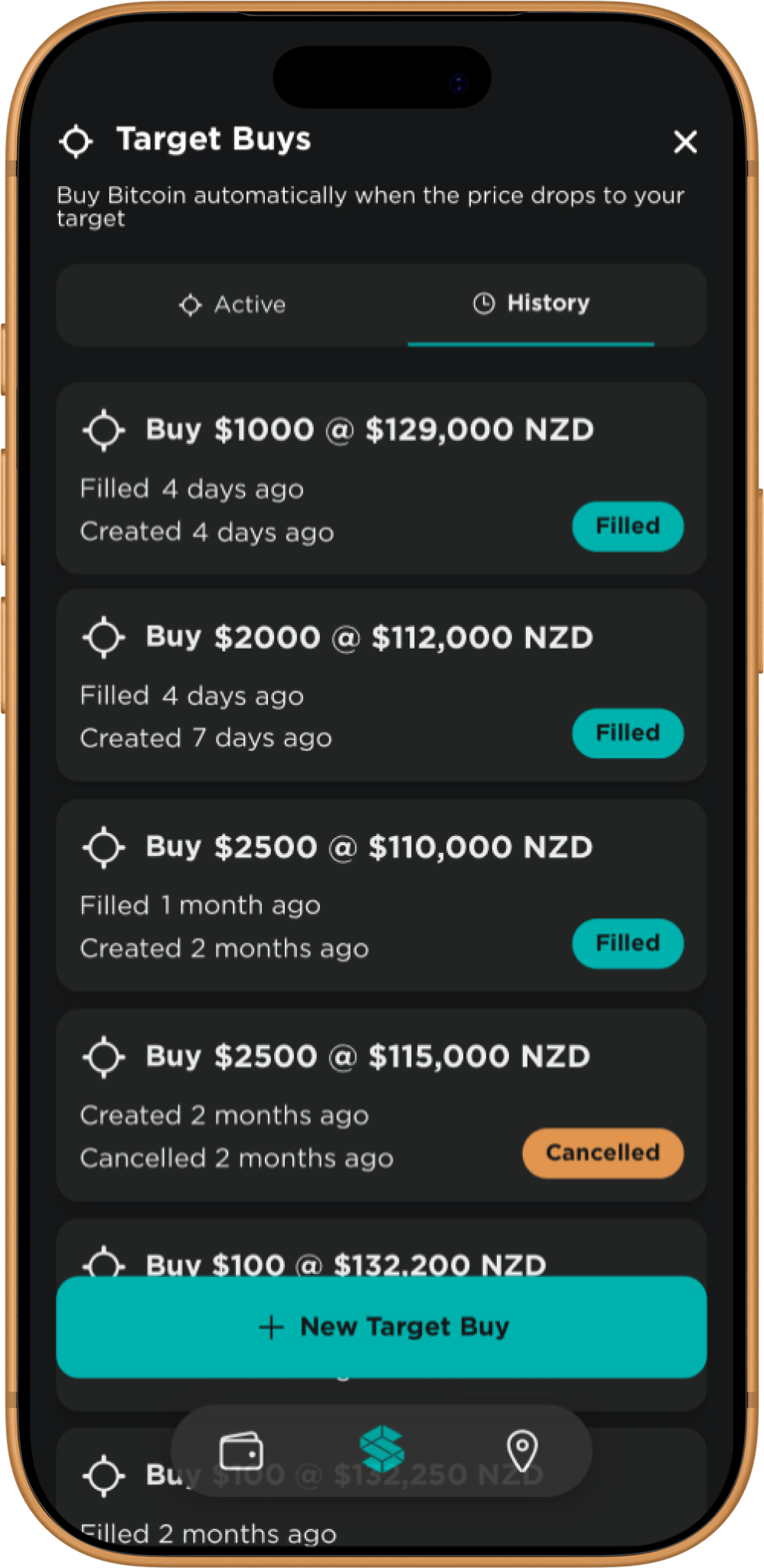 Stacked app Target Buys history — filled orders showing bitcoin bought when target prices were hit
