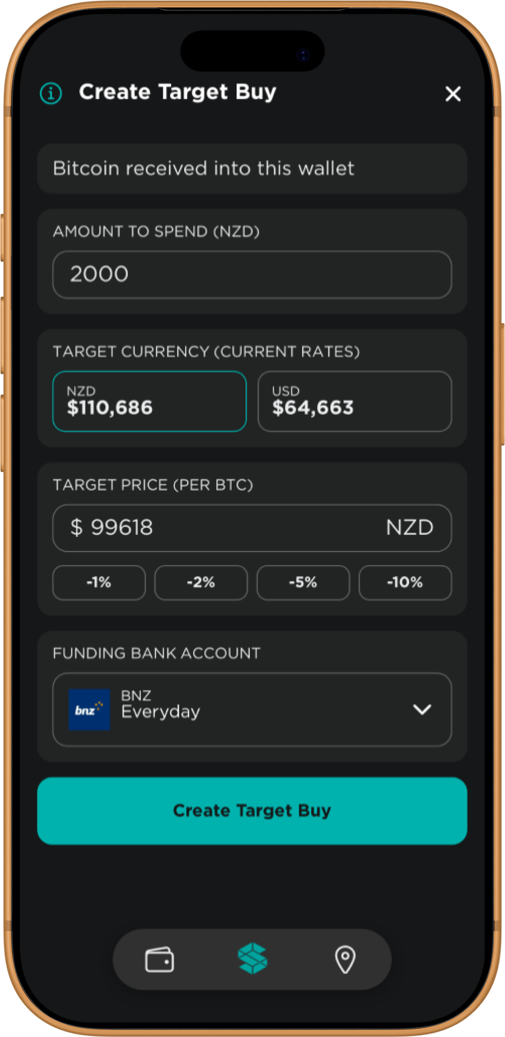 Stacked app Create Target Buy — amount to spend, target price with percent-below presets, and BNZ funding account